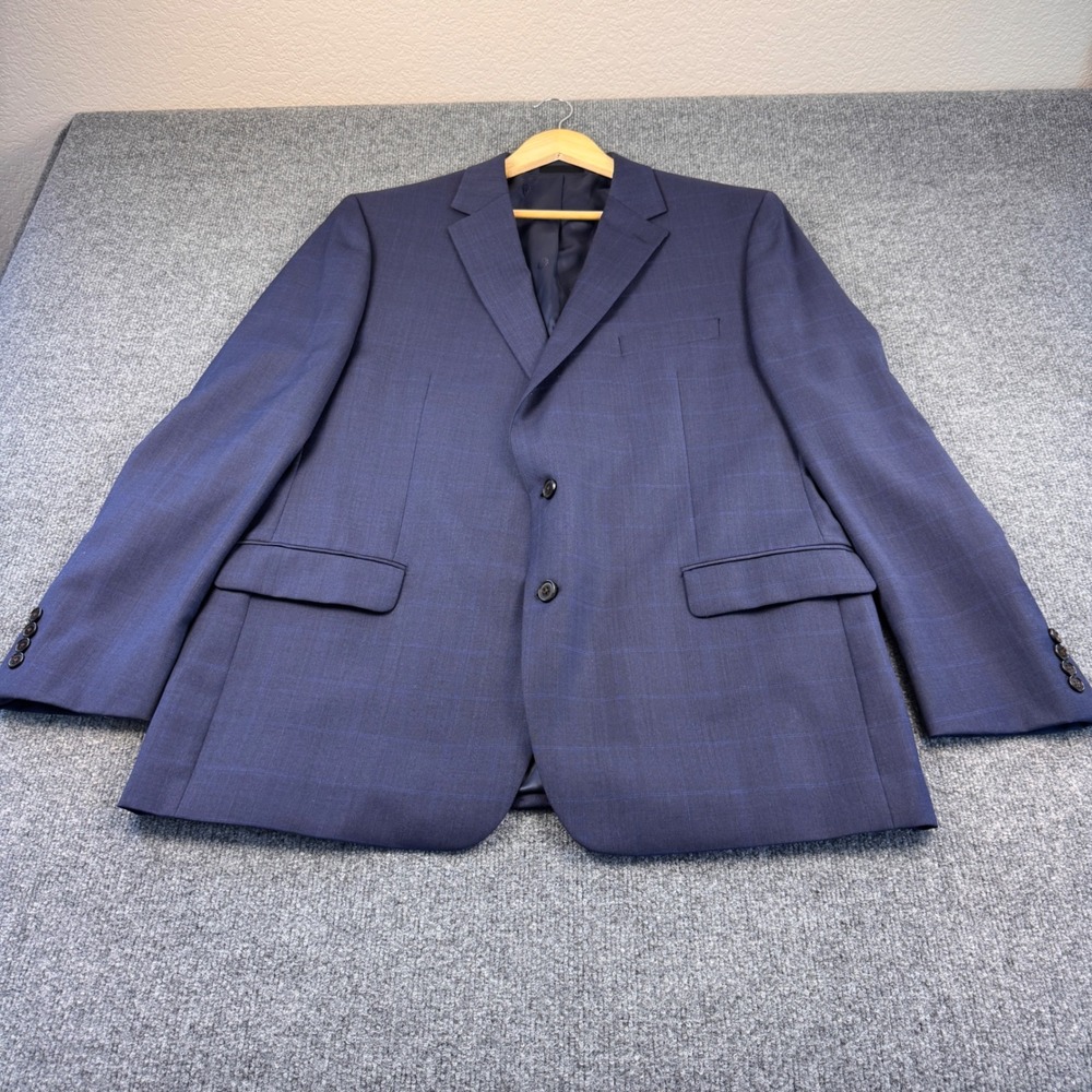 Lauren Ralph Lauren Sport Coat Mens 46L Navy Blue Windowpane Wool Blend Blazer